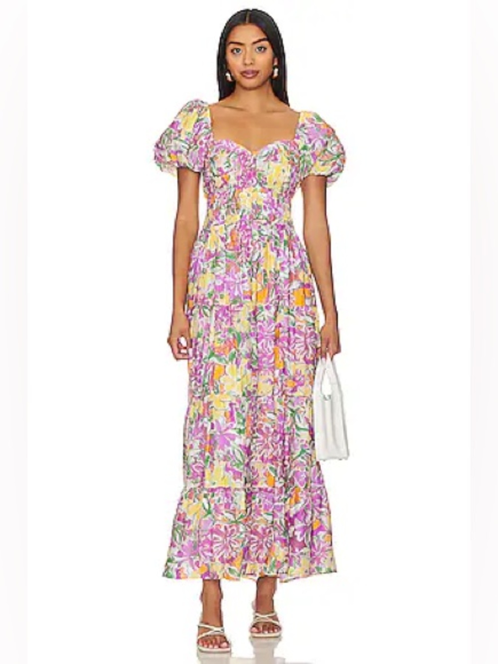 Astr Pink & Yellow Floral Puff-Sleeve Midi Dress
